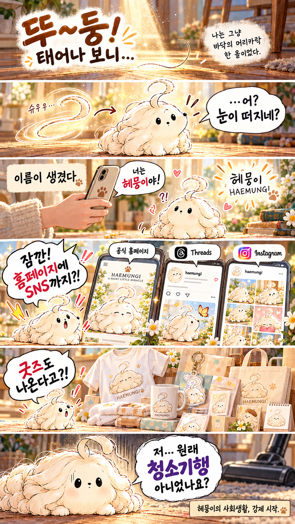 머리카락 한 올에서 태어난 헤뭉이가 이름과 홈페이지, SNS, 굿즈를 만나는 여섯 장면의 일상다반사 웹툰